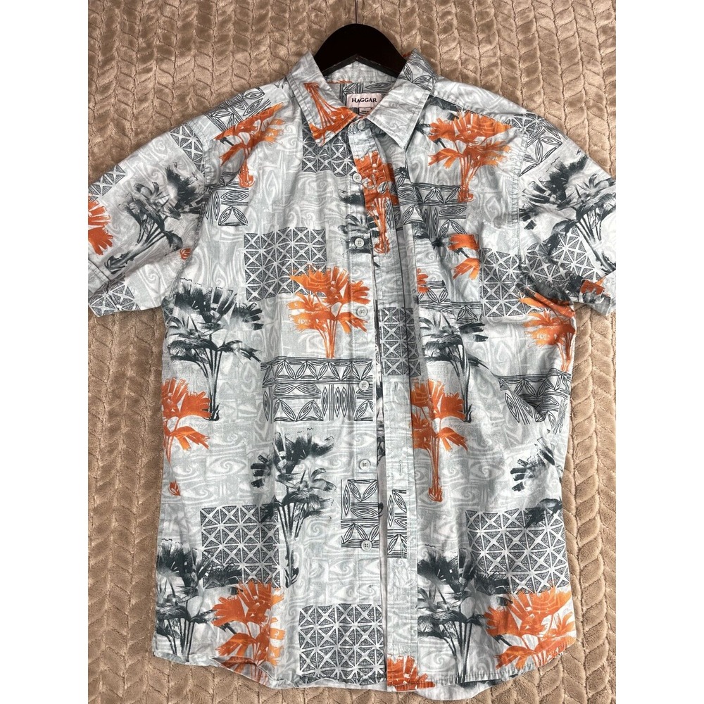 Haggar Short Sleeve Button Down Hawaiian Bowling 100% Cotton Shirt Men's Large